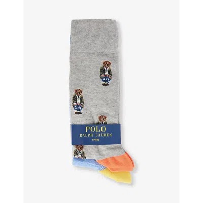 Polo Ralph Lauren Bear-embroidered Pack Of Two Stretch-cotton Blend Socks In 2pk Grey/blue