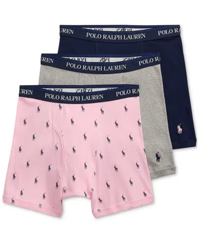 Polo Ralph Lauren Men's 3-pack Classic Cotton Boxer Briefs In Carmel Pink,andover Heather,cruise Navy