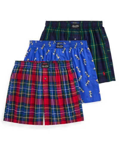 Polo Ralph Lauren Men's 3-pack Single-button Fly Woven Boxers Holiday Gift Set In Multi