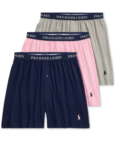 Polo Ralph Lauren Men's 3-pk. Cotton Classic Knit Boxers In Andover Heather,carmel Pink,cruise Navy