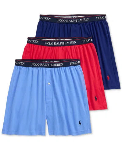 Polo Ralph Lauren Men's 3-pk. Cotton Classic Knit Boxers In Fall Royal,begonia Red,harbor Island Blu