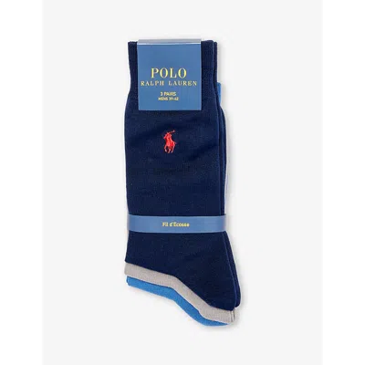 Polo Ralph Lauren Logo-embroidered Pack Of Three Cotton-blend Knitted Socks In 3pk Navy/grey/ret Blue