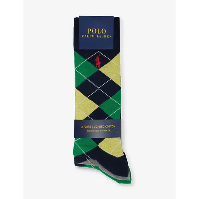 Polo Ralph Lauren Logo-embroidered Argyle Pack Of Three Cotton-blend Socks In 3pk Nvy/gry/grn Argyle
