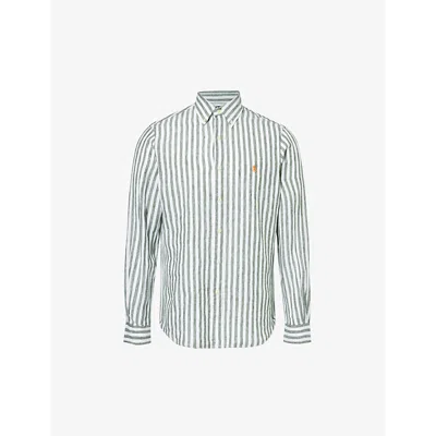 Polo Ralph Lauren Stripe-pattern Brand-embroidered Linen Shirt In 5138b Olive/white