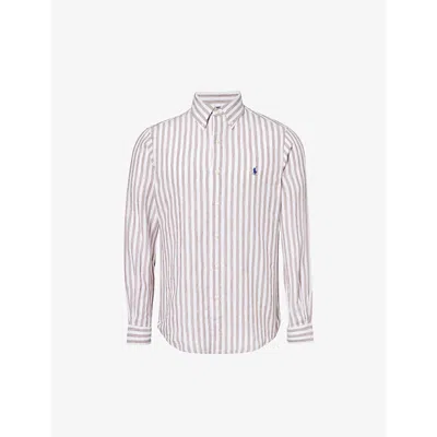 Polo Ralph Lauren Stripe-pattern Brand-embroidered Linen Shirt In 5138c Khaki/white
