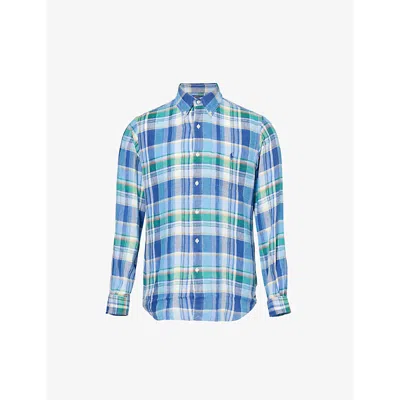 Polo Ralph Lauren Logo-embroidered Custom-fit Checked Linen Shirt In 6357a Blue/green Multi