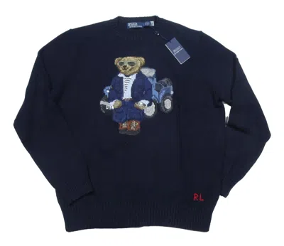 Pre-owned Polo Ralph Lauren Men's Aviator Navy Polo Bear Cotton Knit Crew-neck Sweater In Blue