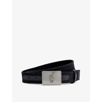 Polo Ralph Lauren Logo-plaque Woven Belt In Black W/nickel