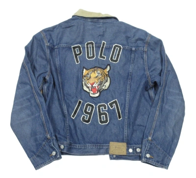 Pre-owned Polo Ralph Lauren Men's Blue Tiger Patch Graphic Corduroy Collar Denim Jacket