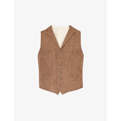 POLO RALPH LAUREN POLO RALPH LAUREN MEN'S BROWN/TAN HERRINGBONE V-NECK REGULAR-FIT WOOL GILET