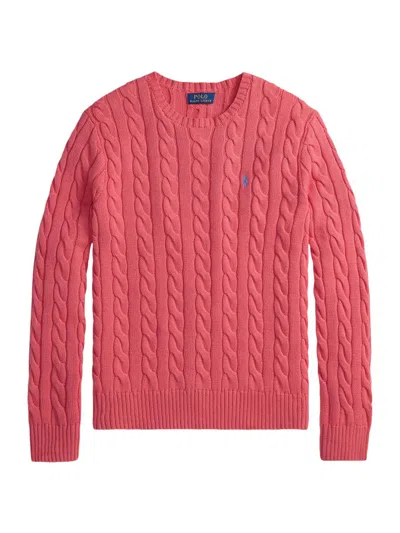 Polo Ralph Lauren Crewneck Top Cable Knit Straight Ribbed Cuffs Hem In Pink