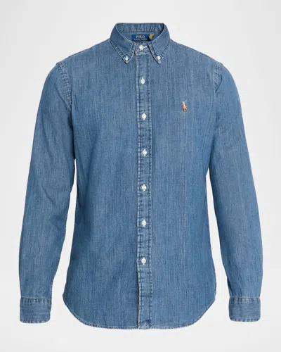 Polo Ralph Lauren Button-down Denim Shirt With Embroidered Logo In Blue