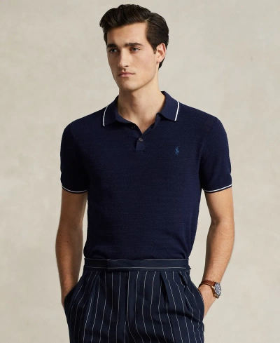 Polo Ralph Lauren Men's Cotton-linen Polo-collar Sweater In Bright Navy