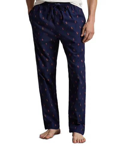 Polo Ralph Lauren Men's Flannel Pajama Pants In Cruise Navy,college Orange All Over Polo