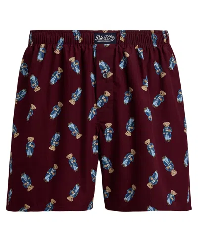 Polo Ralph Lauren Men's Holiday Bear Printed Woven Single-button Fly Boxers In Burgundy