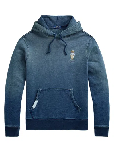 Polo Ralph Lauren Cotton French Terry Indigo Dyed Polo Bear Embroidered Hoodie In Blue