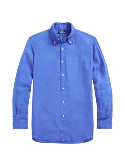 Polo Ralph Lauren Linen Garment Dyed Custom Fit Button Down Shirt In Blue