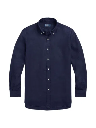 Polo Ralph Lauren Linen Garment Dyed Custom Fit Button Down Shirt In Navy