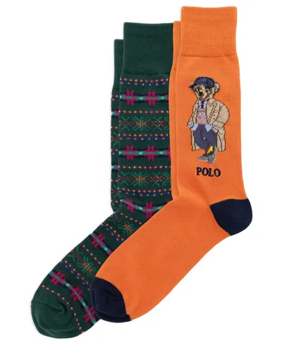 Polo Ralph Lauren Men's Litchfield Bear Fair Isle Crew Socks, 2-pack In Orange