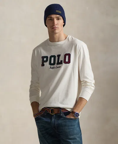 Polo Ralph Lauren Men's Long-sleeve Plaid-logo Applique T-shirt In White