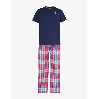 Polo Ralph Lauren Logo-embroidered Regular-fit Cotton Pyjama Set In Navy/raspberry Blue