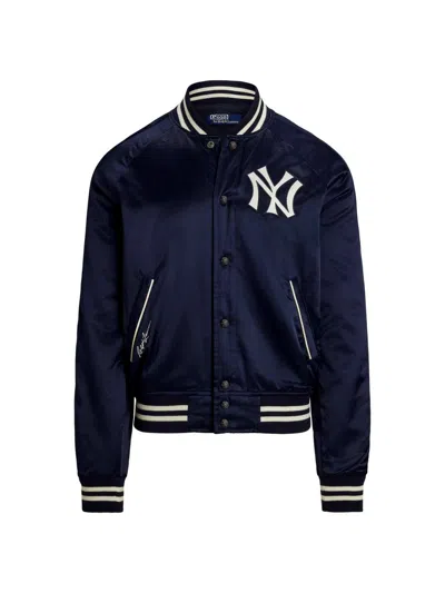 Polo Ralph Lauren Mens Ribbed Logo-embroidered Wool-blend Bomber Jacket Hunter Navy Xxl In Blue
