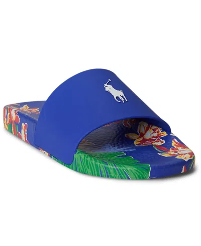 Polo Ralph Lauren Pony Floral-print Slides In Blue