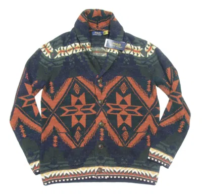 Pre-owned Polo Ralph Lauren Men's Orange Aztec Southwestern Print Shawl Cardigan Sweater