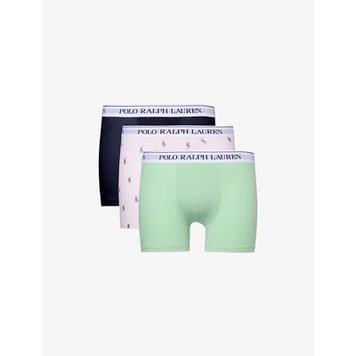 Polo Ralph Lauren Branded-waistband Mid-rise Pack Of Three Stretch-cotton Boxer Briefs In Pastel Mint/tng Blu/navy