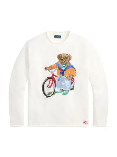 Polo Ralph Lauren Long Sleeve Cotton Novelty Harbor Island Bear Rollneck Sweater In White