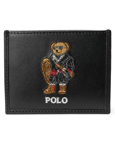 Polo Ralph Lauren Men's Polo Bear Leather Embroidered Card Case Wallet In Black