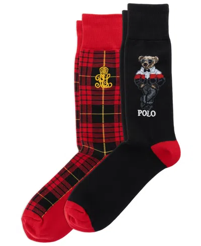 Polo Ralph Lauren Men's Polo Bear Plaid Crew Socks, 2-pack In Black