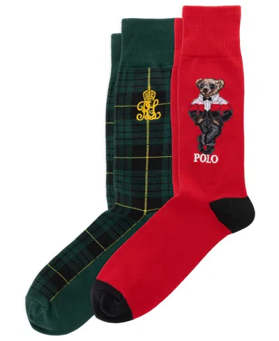 Polo Ralph Lauren Men's Polo Bear Plaid Crew Socks, 2-pack In Red