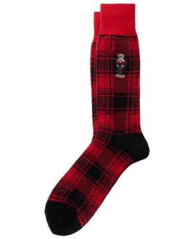 Polo Ralph Lauren Men's Polo Bear Plaid Ribbed-cuff Wool-blend Boot Socks In Red