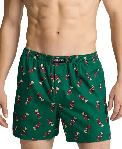 Polo Ralph Lauren Men's Polo Bear Print Woven Boxers In Moss Agate,fall Morning Robe Bear