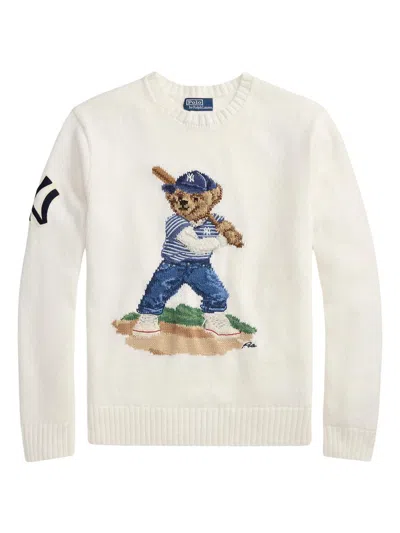 Polo Ralph Lauren Knit Crew Neck Sweater Embroidered Design In White