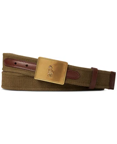 Polo Ralph Lauren Men's Pony Plaque Canvas & Leather Belt In Canopy Olive,brown