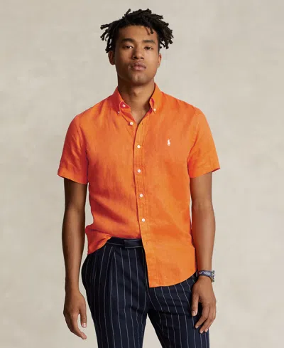 Polo Ralph Lauren Men's Short-sleeve Linen Button-up In Bright Signal Orange