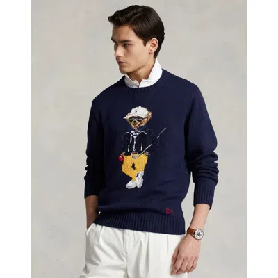 Pre-owned Polo Ralph Lauren Men's Slim Fit Polo Bear Cotton-blend Sweater Blue L