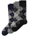 Polo Ralph Lauren Men's Socks, Extended Size Argyle Dress Men's Socks 3-pack In Black,grey
