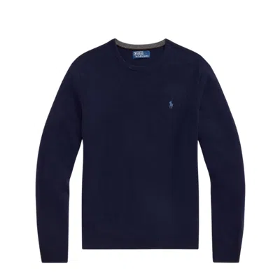 Polo Ralph Lauren Merino Wool Crew Neck Sweater With Embroidered Logo And Ribbed Detailing In Blue