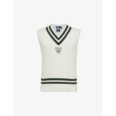 Polo Ralph Lauren X Wimbledon Brand-embroidered V-neck Cotton-knit Vest In White