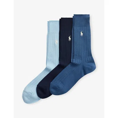 Polo Ralph Lauren Mens 3pk Blue Assorted Ribbed Pack Of Three Cotton-blend Socks In Multi