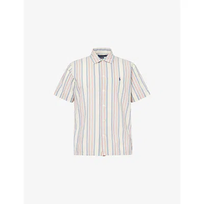 POLO RALPH LAUREN MENS 6723 OFF WHITE/RED MULTI STRIPED SHORT-SLEEVES COTTON-POPLIN SHIRT