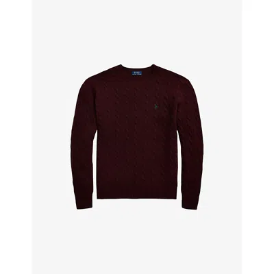 POLO RALPH LAUREN MENS AGED WINE HEATHER CREWNECK CABLE-KNIT WOOL AND CASHMERE JUMPER XXL