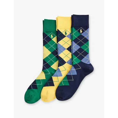 Polo Ralph Lauren Mens Argyle Cotton-blend Crew Socks Pack Of Three Dark Navy In Blue