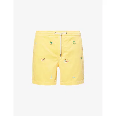 Polo Ralph Lauren Mens Corduroy Embroidered Cotton Shorts Beach Yellow Emb