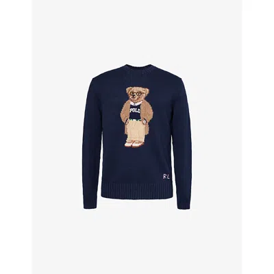 Polo Ralph Lauren Mens Bear Navy Polo Bear Graphic-embroidered Linen And Cotton-blend Jumper In Blue