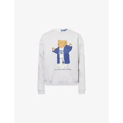 Polo Ralph Lauren Mens Light Smoke Heather Bear-print Round-neck Cotton-blend Sweatshirt In Gray