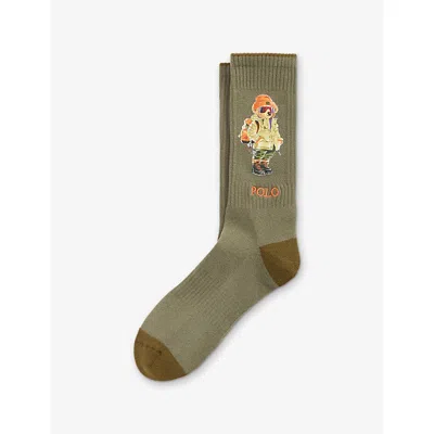 Polo Ralph Lauren Mens Bear-embroidered Stretch Cotton-blend Crew Socks Olive In Green